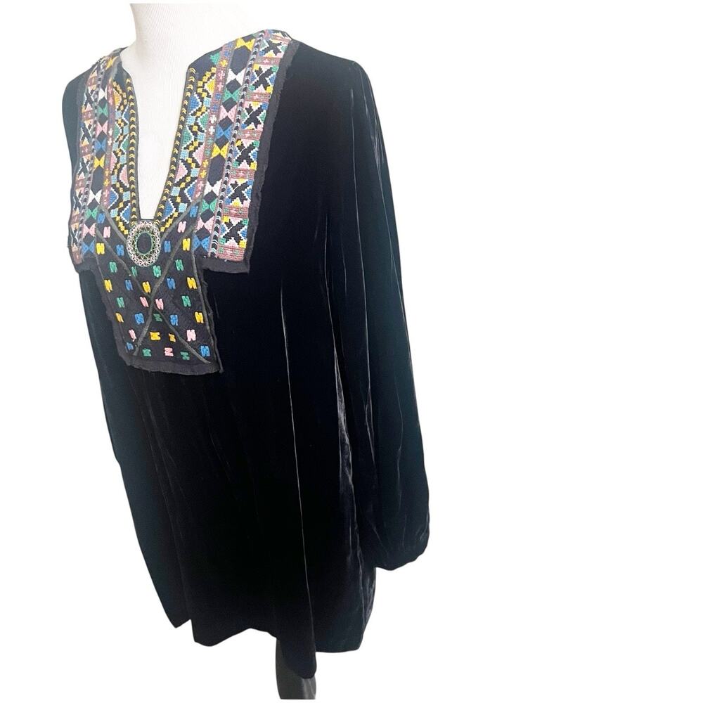 Zara Woman Embroidered Velvet Tunic Kaftan Size Large Black Bohemian Long Sleeve - Picture 2 of 9